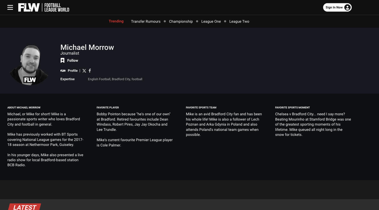 screenshot Football League World Michael Morrow writer profile