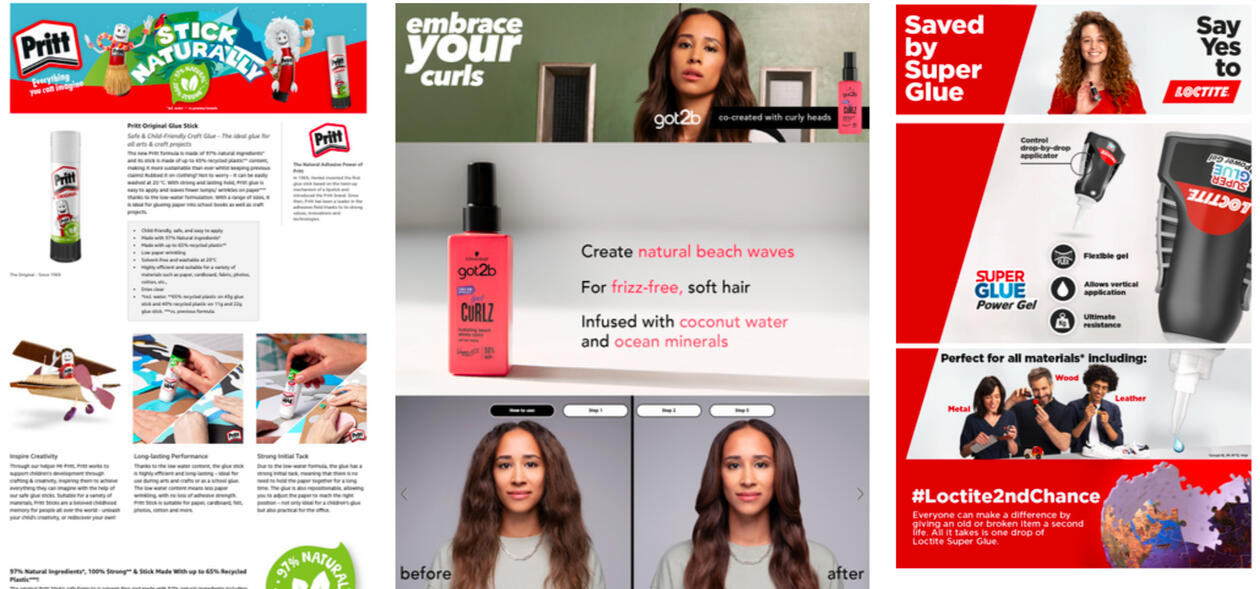 screenshot of Pritt, Loctite and Schwarzkopf Amazon A+ pages